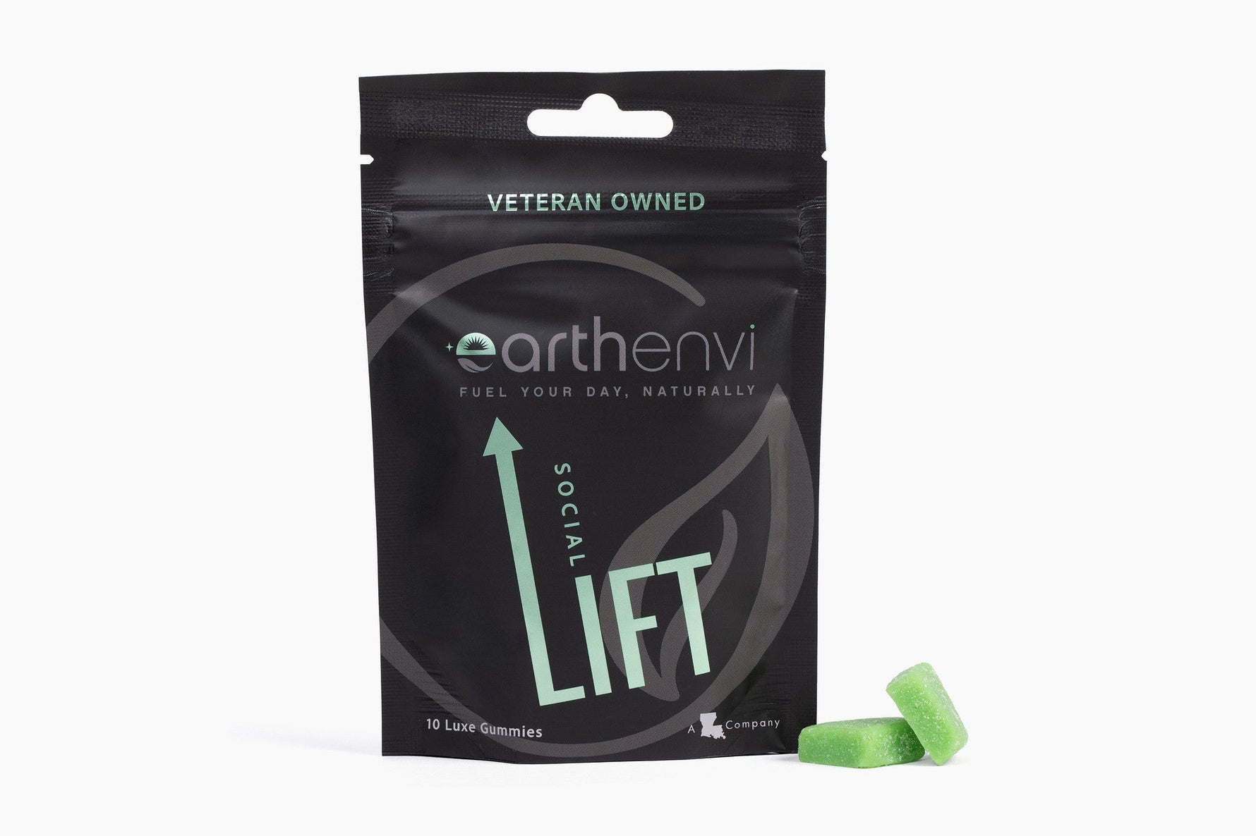 EarthEnvi gummy pouch, front view featuring product name and sleek vibe-forward design