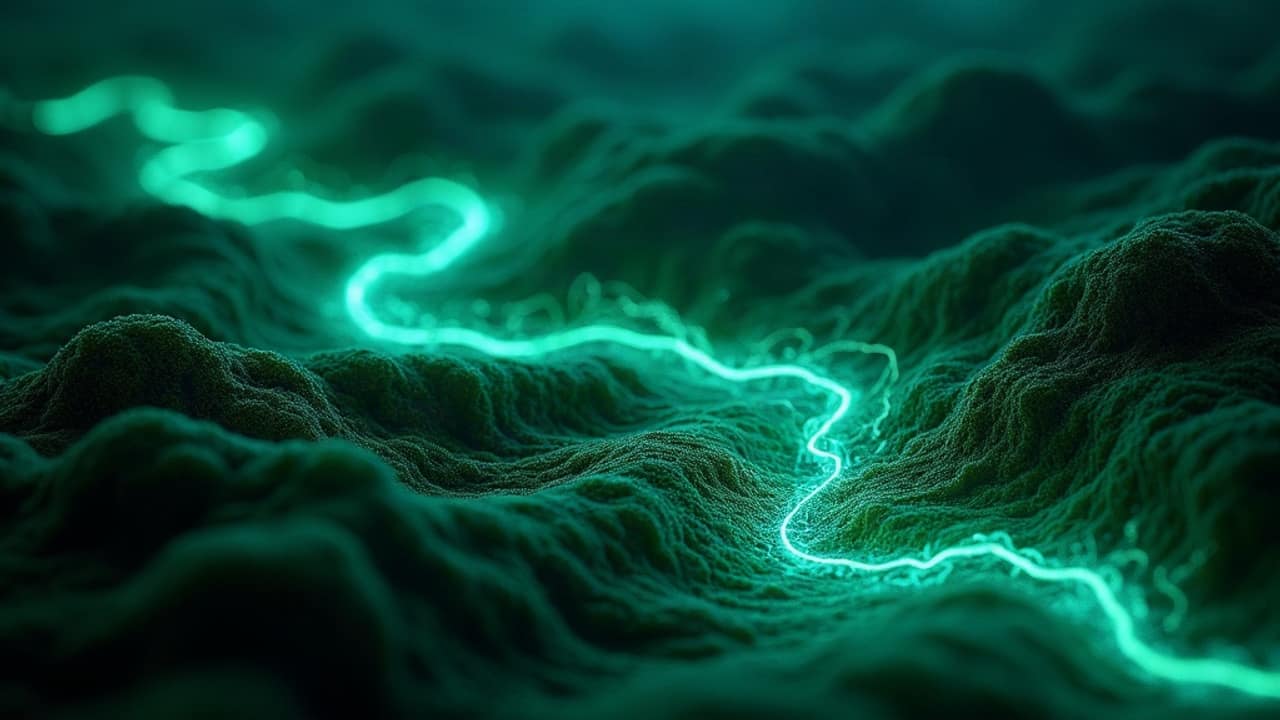 Abstract illustration of soft glowing regenerating tissue fibers in navy and emerald, representing cellular repair research