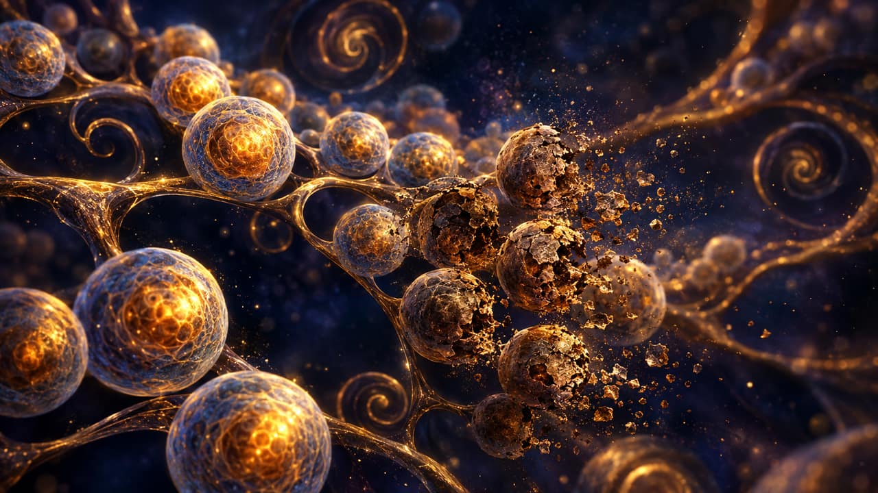 Gold and bronze spiral abstract representing cellular senescence and DNA repair signaling