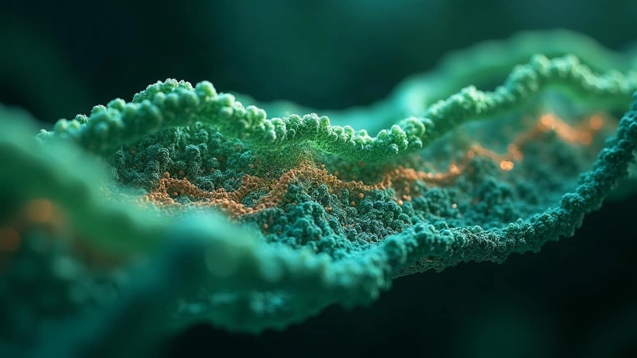 Macro view of glowing emerald tissue fibers regenerating around a soft copper toned core