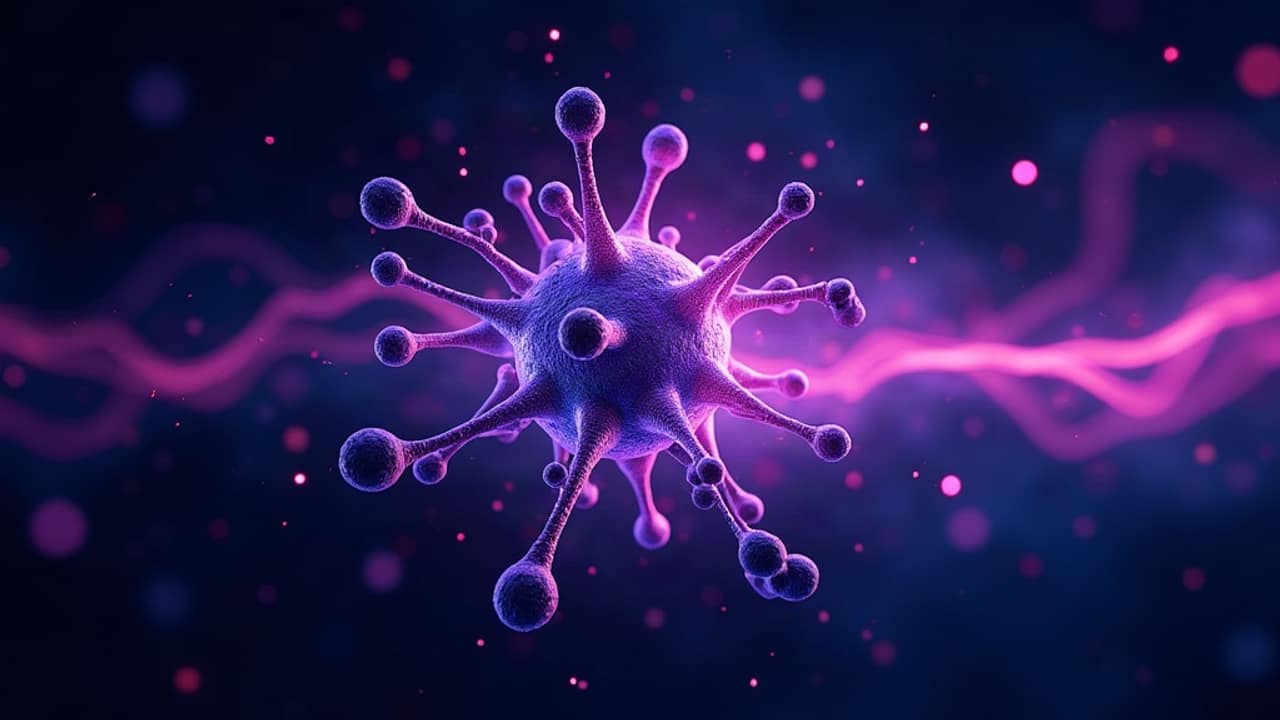 Abstract violet light trails representing pulsed hormone signaling in growth hormone research