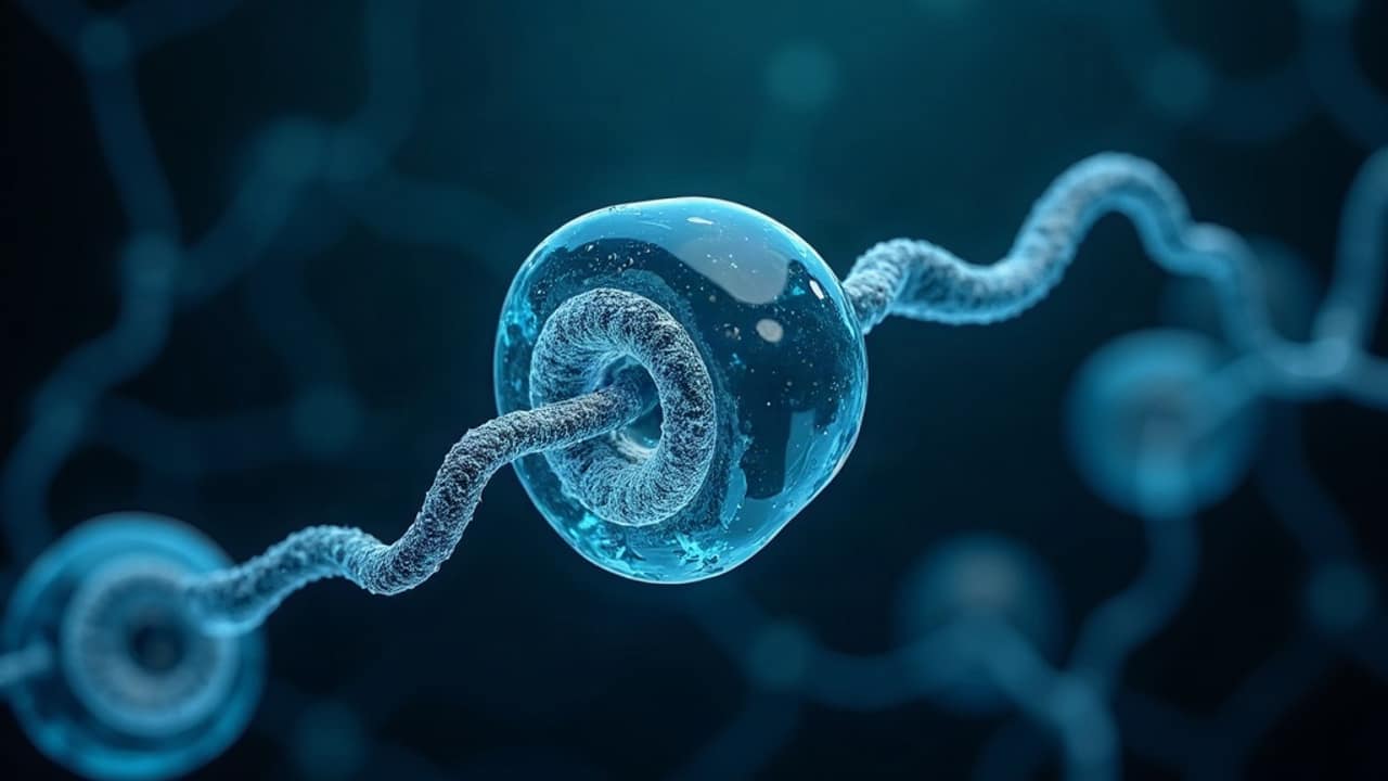 Abstract cyan and navy render of a peptide chain emerging from a mitochondrion shaped structure