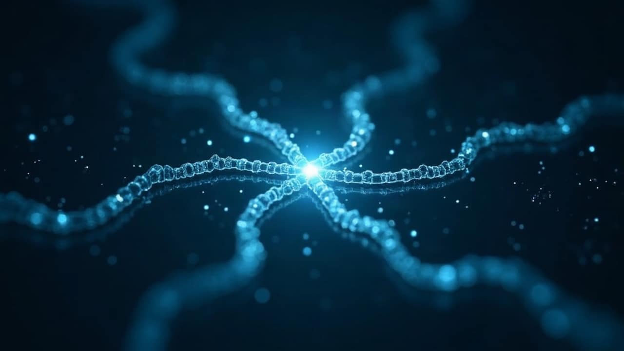 Abstract molecular ribbon structure in cyan and navy representing a signaling peptide chain