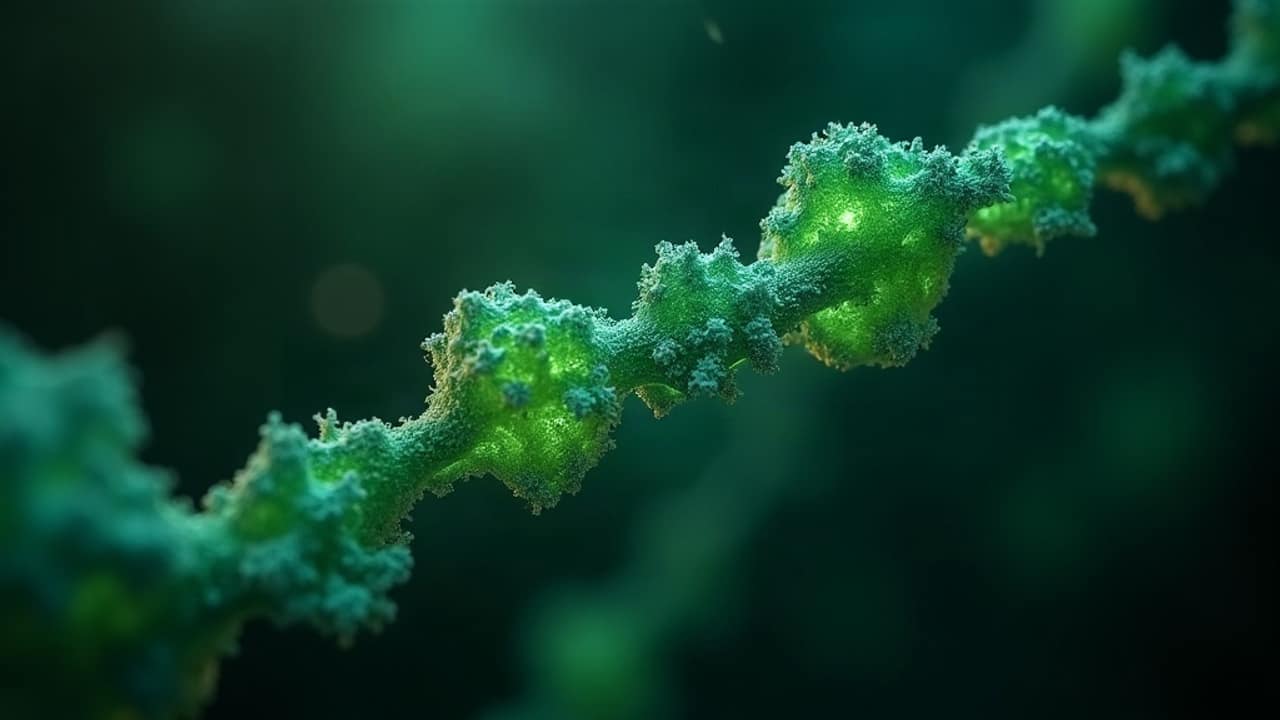 Macro rendering of a small peptide chain glowing amid emerald cellular tissue, suggesting inflammation modulation