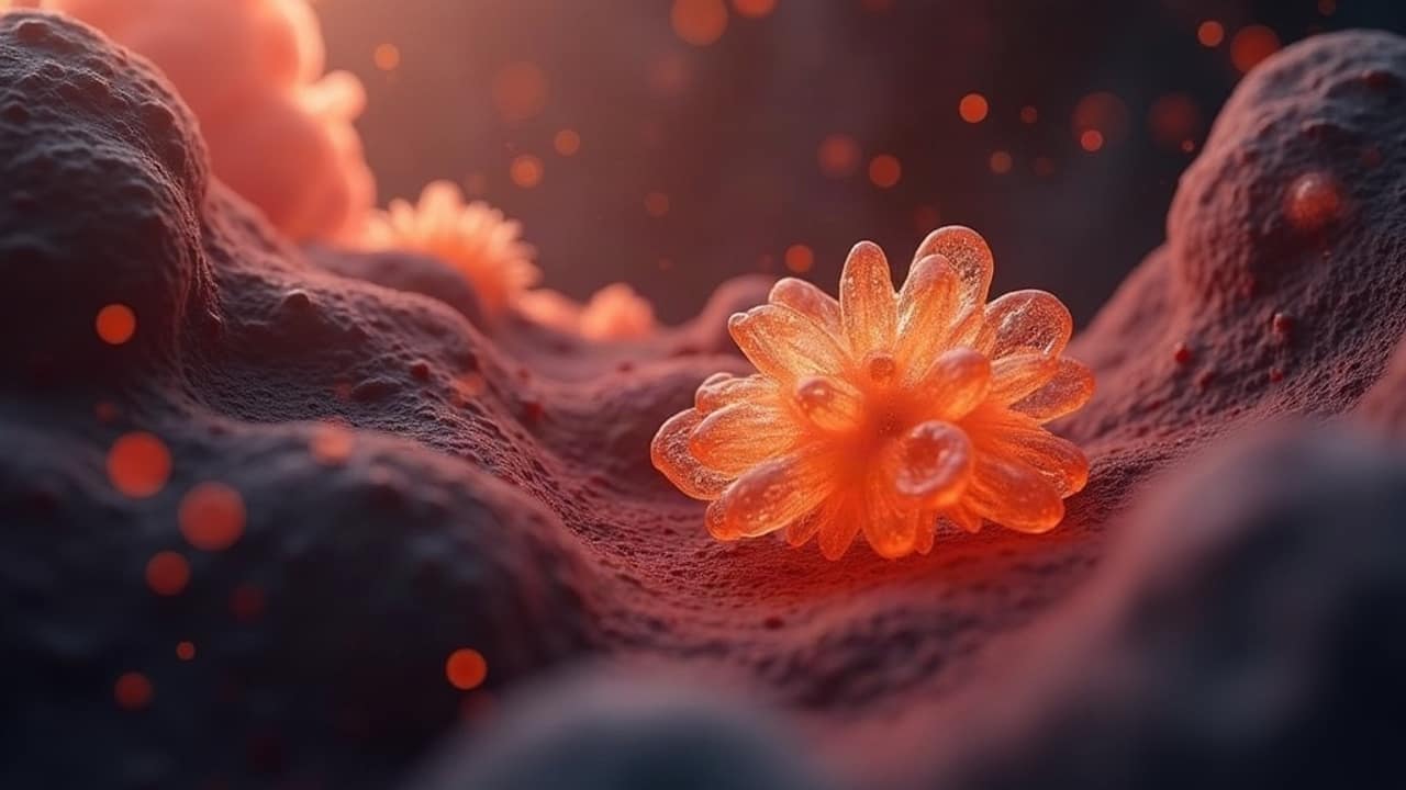 Abstract glowing mitochondrial network rendered in warm amber and coral tones