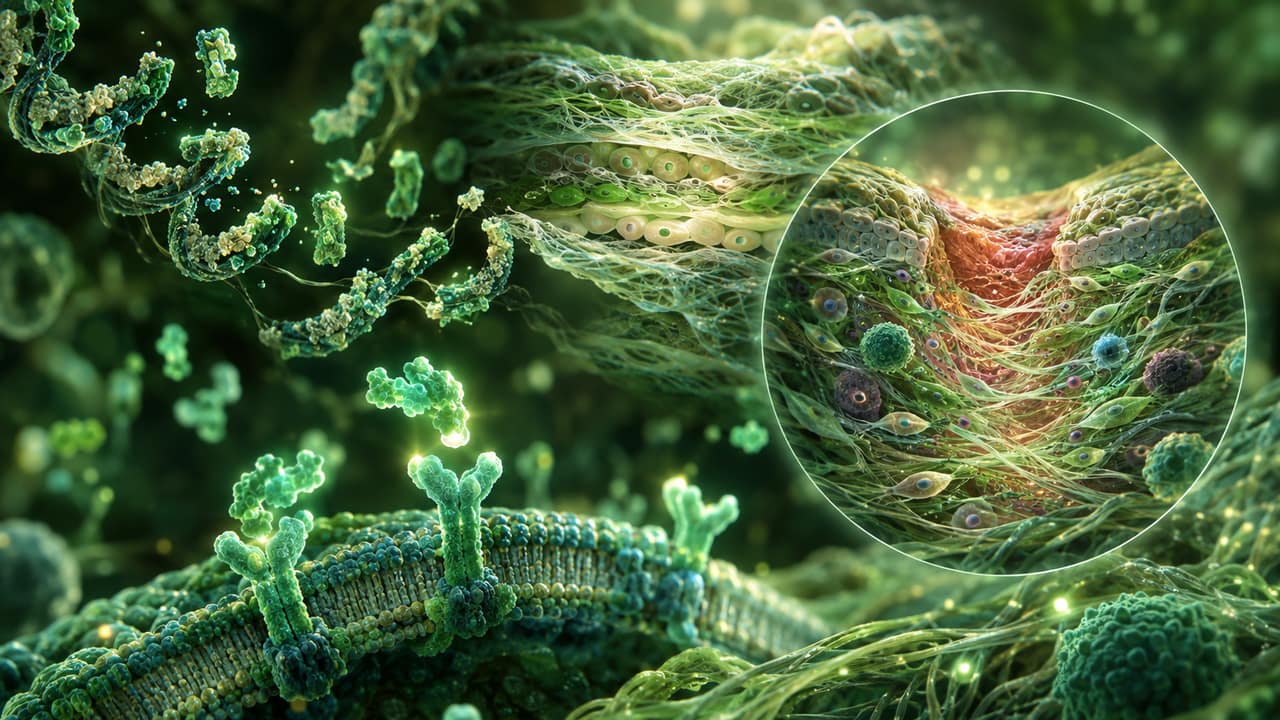 Abstract macro image of regenerating tissue fibers in soft emerald and jade tones