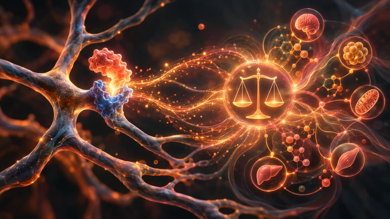 Abstract warm amber energy flow representing metabolic receptor signaling