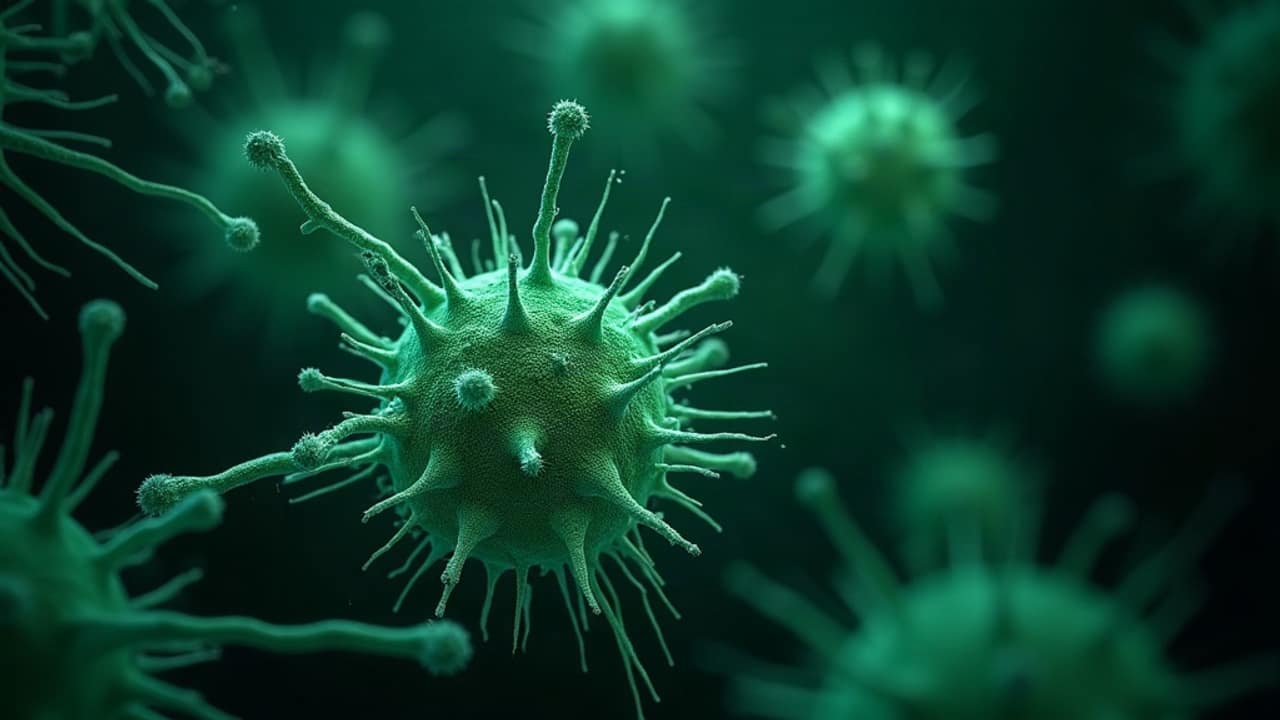 Abstract emerald and jade illustration of immune cells and glowing repair fibers