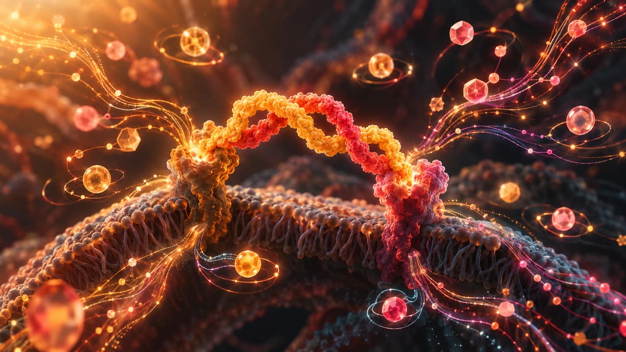 Abstract warm amber energy flow representing dual metabolic receptor activity